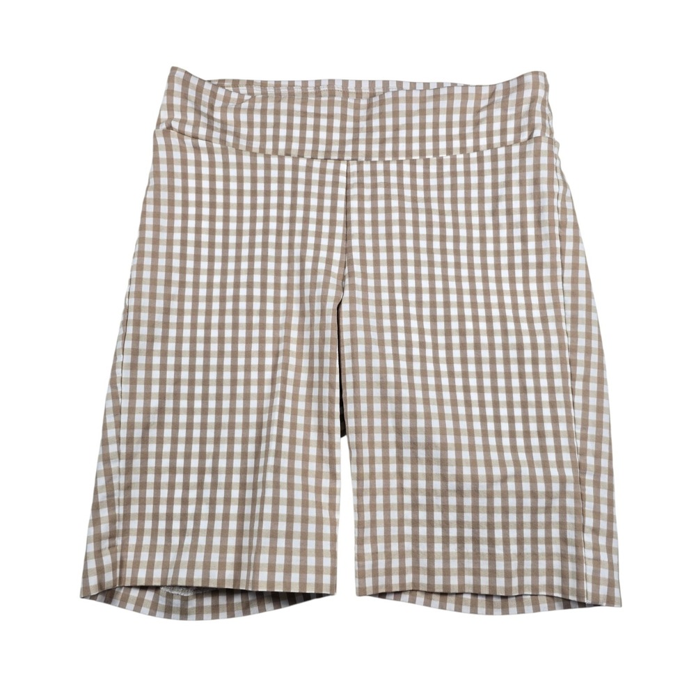 J. McLaughlin Masie Tan Gingham Stretch Pull-On 9" Bermuda Shorts- Women's Sz 2